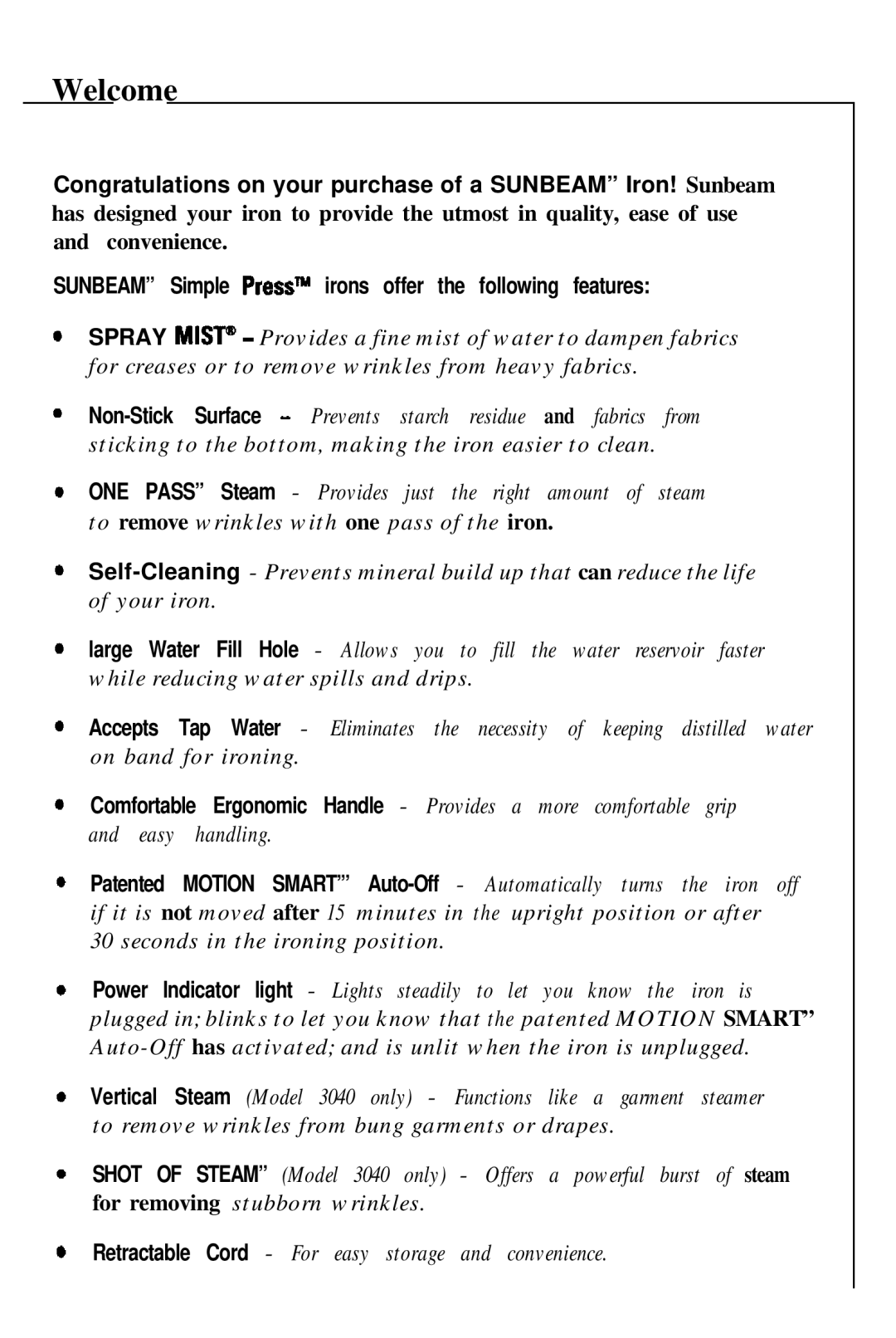 Sunbeam 3040, 3035 manual Congratulations on your purchase of a Sunbeam Iron! Sunbeam 