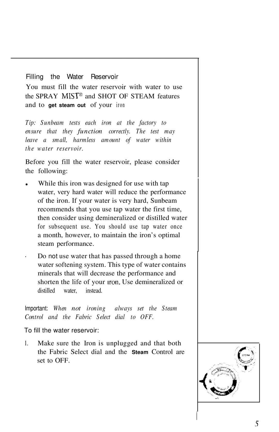 Sunbeam 3040, 3035 manual Filling the Water Reservoir 