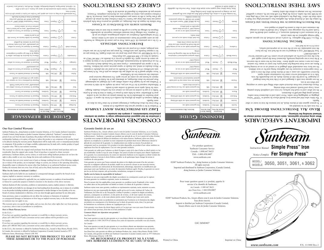 Sunbeam 3050, 3051, 3061, 3062 instruction manual Quelles sont les limites de responsabilité de Sunbeam ? 