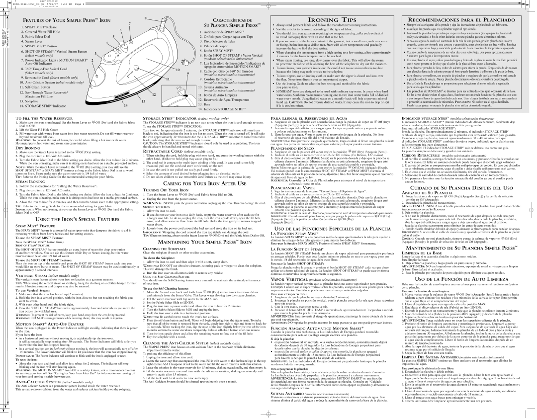 Sunbeam 3059 Features of Your Simple Press Iron, SU Plancha Simple Press, Using the IRON’S Special Features 