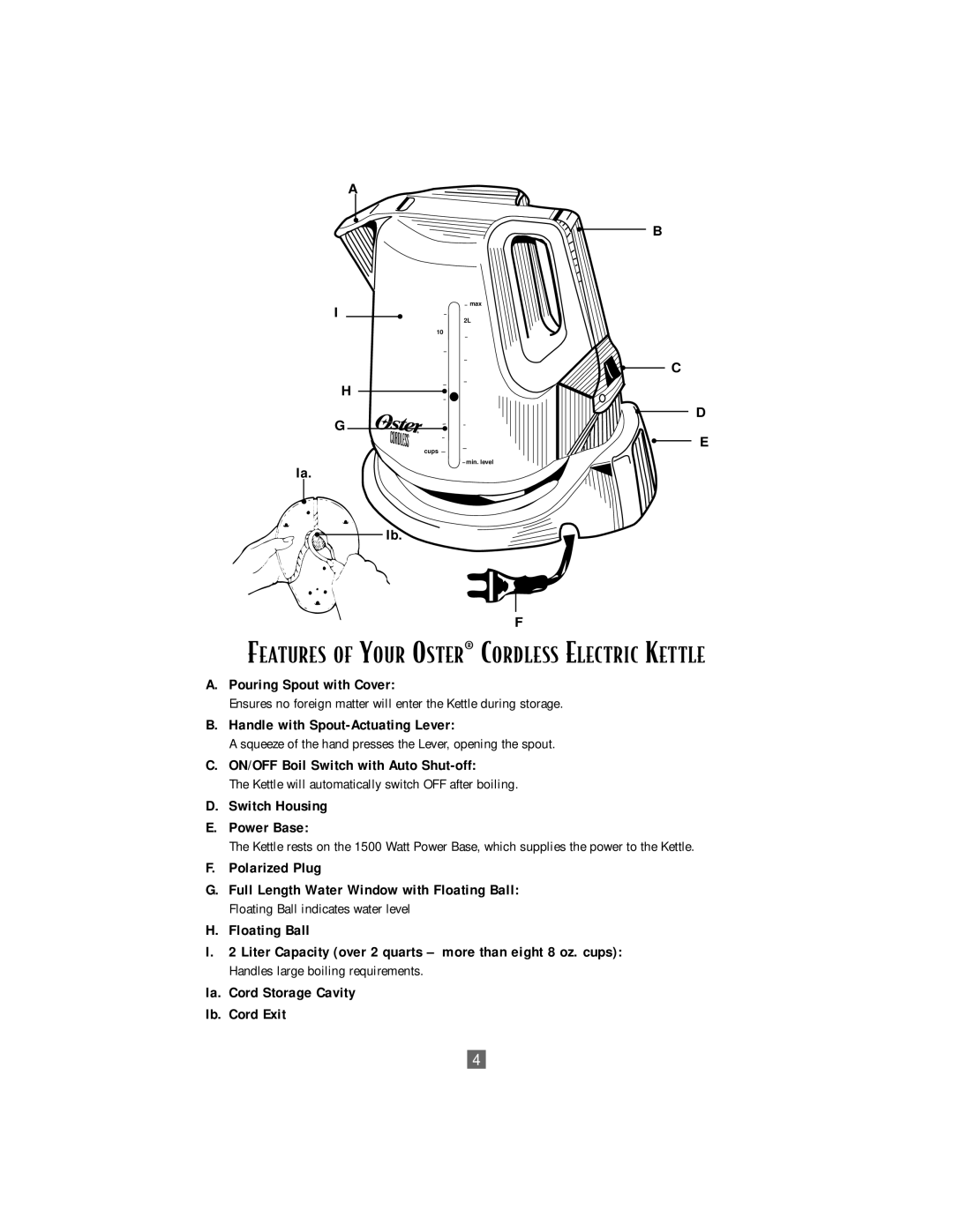 Sunbeam 3206 instruction manual Features of Your OSTER¨ Cordless Electric Kettle 