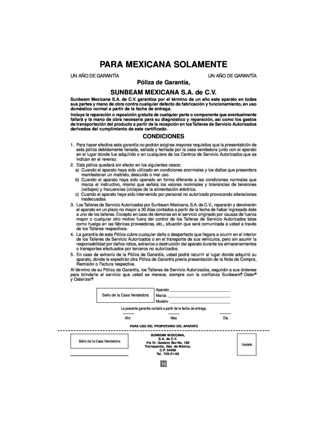 Sunbeam 3206 instruction manual SUNBEAM MEXICANA S.A. de C.V, Para Mexicana Solamente, Póliza de Garantía, Condiciones 