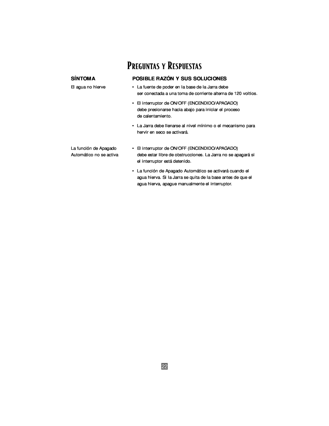Sunbeam 3206 instruction manual Preguntas Y Respuestas, Síntoma, Posible Razón Y Sus Soluciones 