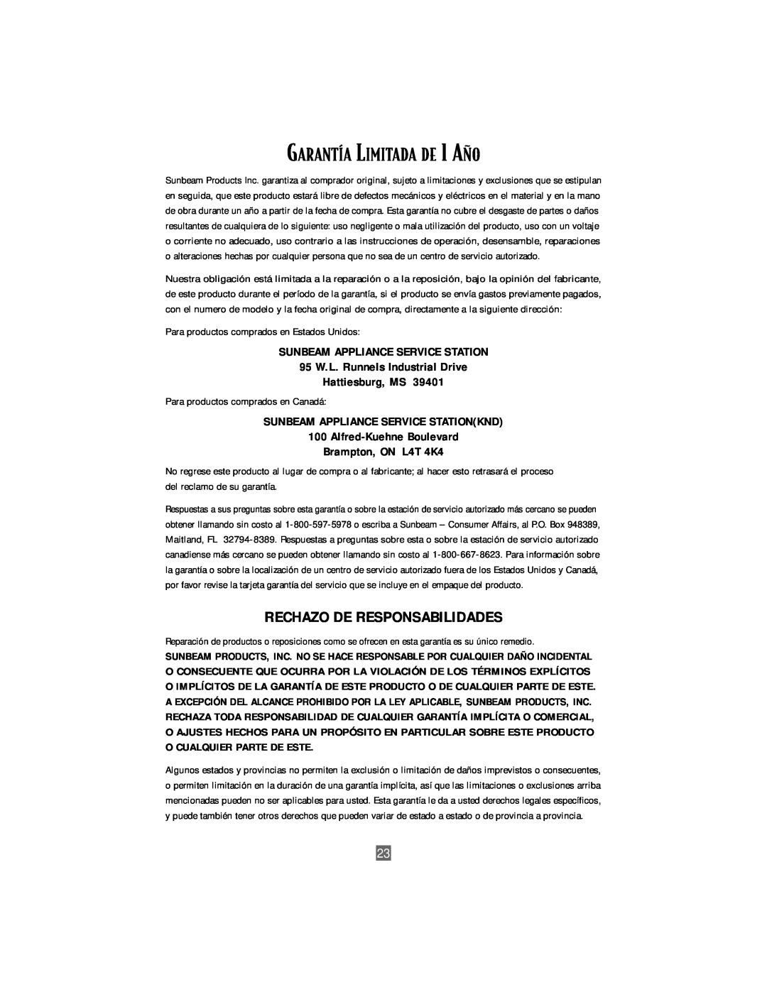 Sunbeam 3206 instruction manual GARANTêA LIMITADA DE 1 A„O, Rechazo De Responsabilidades 