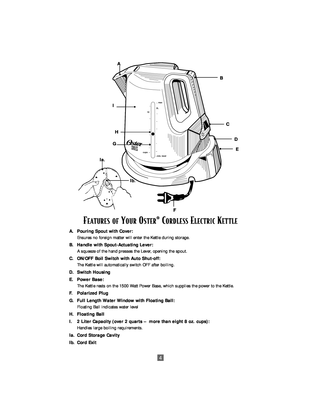 Sunbeam 3206 instruction manual Features Of Your Oster¨ Cordless Electric Kettle 
