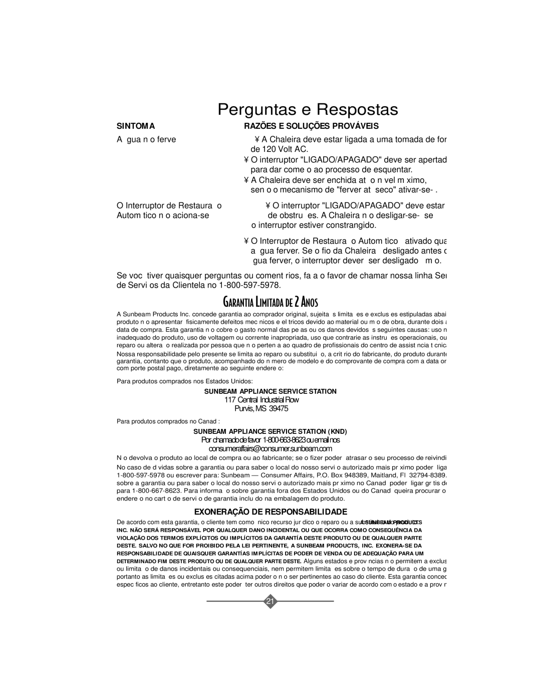 Sunbeam 3208 instruction manual Sintoma Razões E Soluções Prováveis, Exoneração DE Responsabilidade 