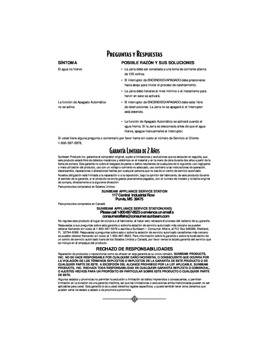 Sunbeam 3208 instruction manual Preguntas y Respuestas, GARANTêA LIMITADA DE 2 A„OS, Rechazo De Responsabilidades, Síntoma 