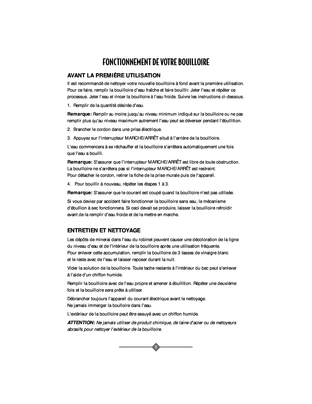 Sunbeam 3208 instruction manual Fonctionnement De Votre Bouilloire, Avant La Première Utilisation, Entretien Et Nettoyage 