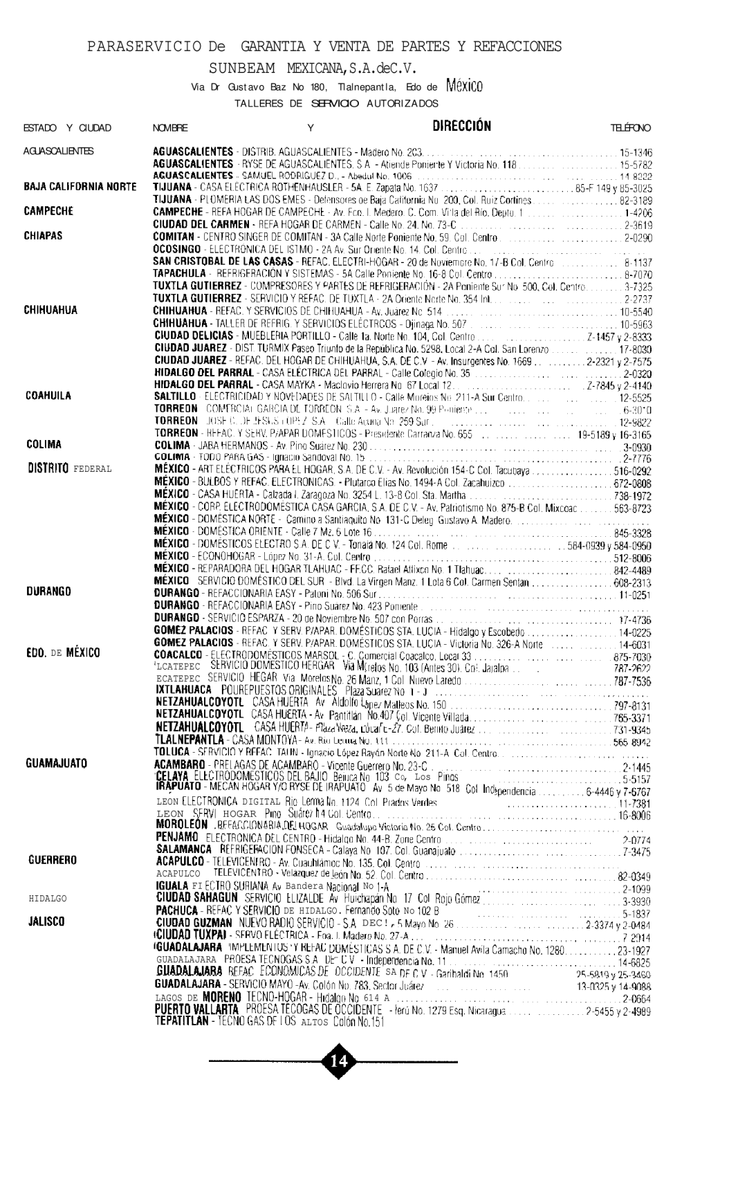 Sunbeam 3211 instruction manual Via Dr Gustavo Baz No 180, Tlalnepantla, Edo de Mexxo 