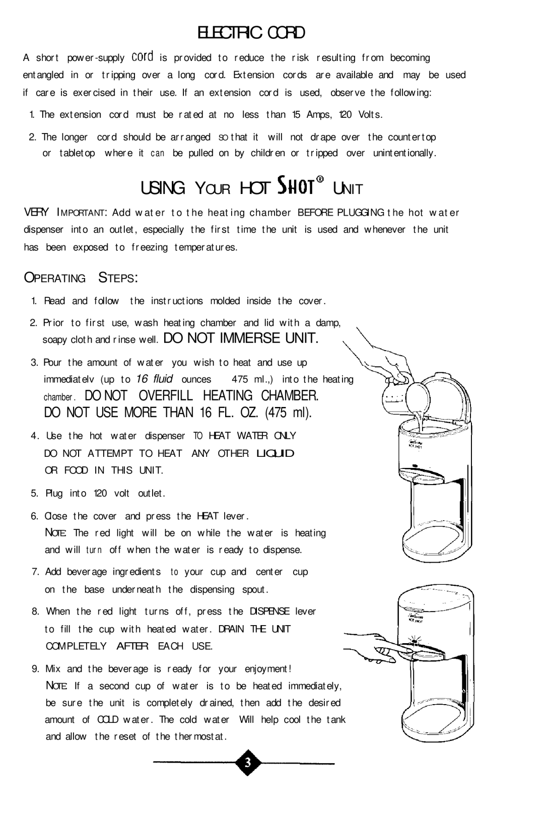 Sunbeam 3211 instruction manual Electric Cord 