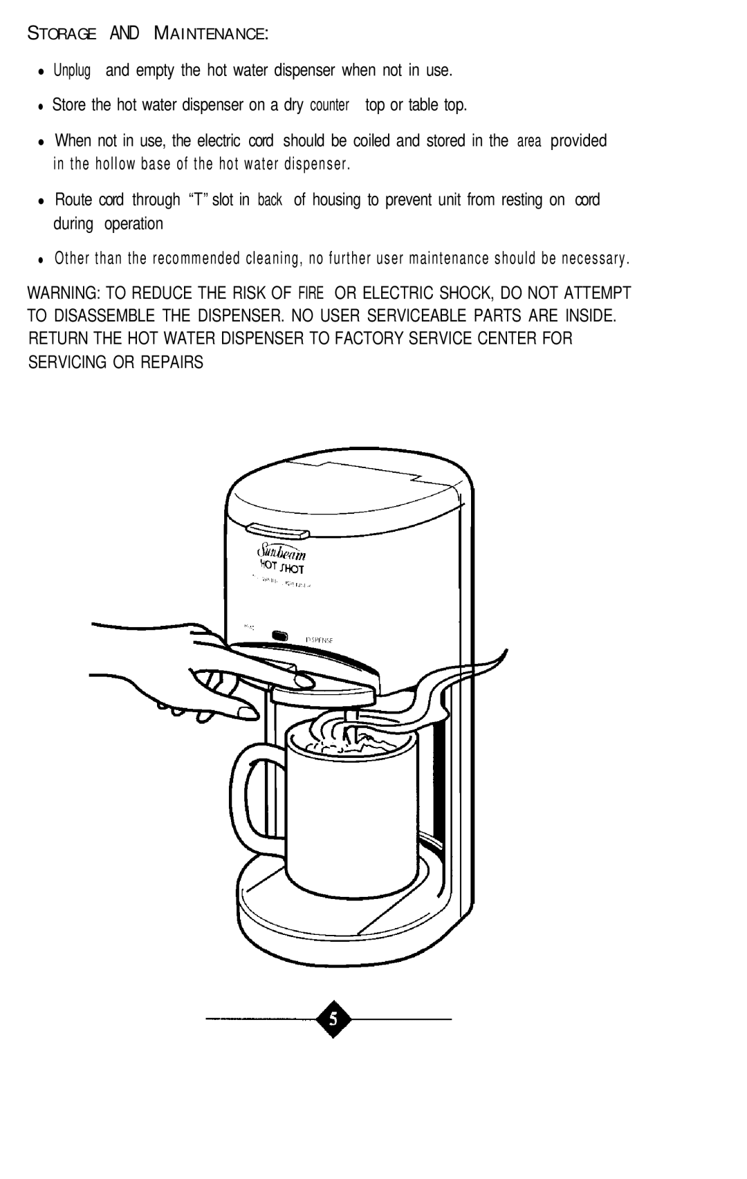 Sunbeam 3211 instruction manual Storage and Maintenance 