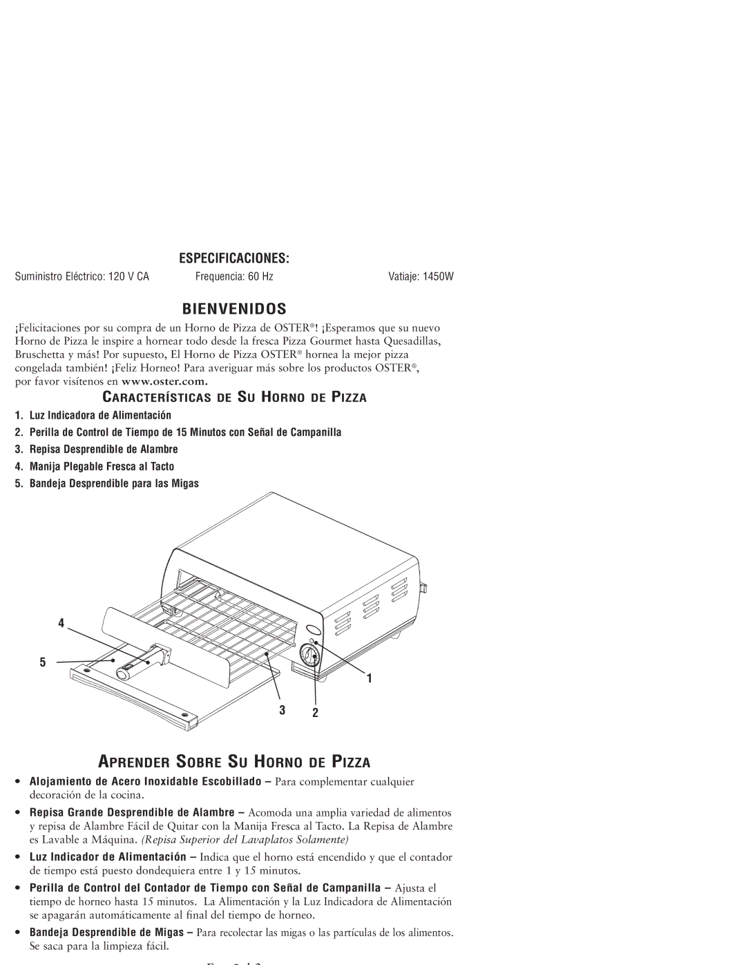 Sunbeam 3224 user manual Bienvenidos, Características DE SU Horno DE Pizza 