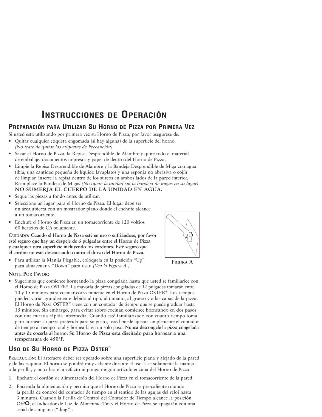 Sunbeam 3224 user manual Instrucciones DE Operación, Preparación Para Utilizar SU Horno DE Pizza POR Primera VEZ 