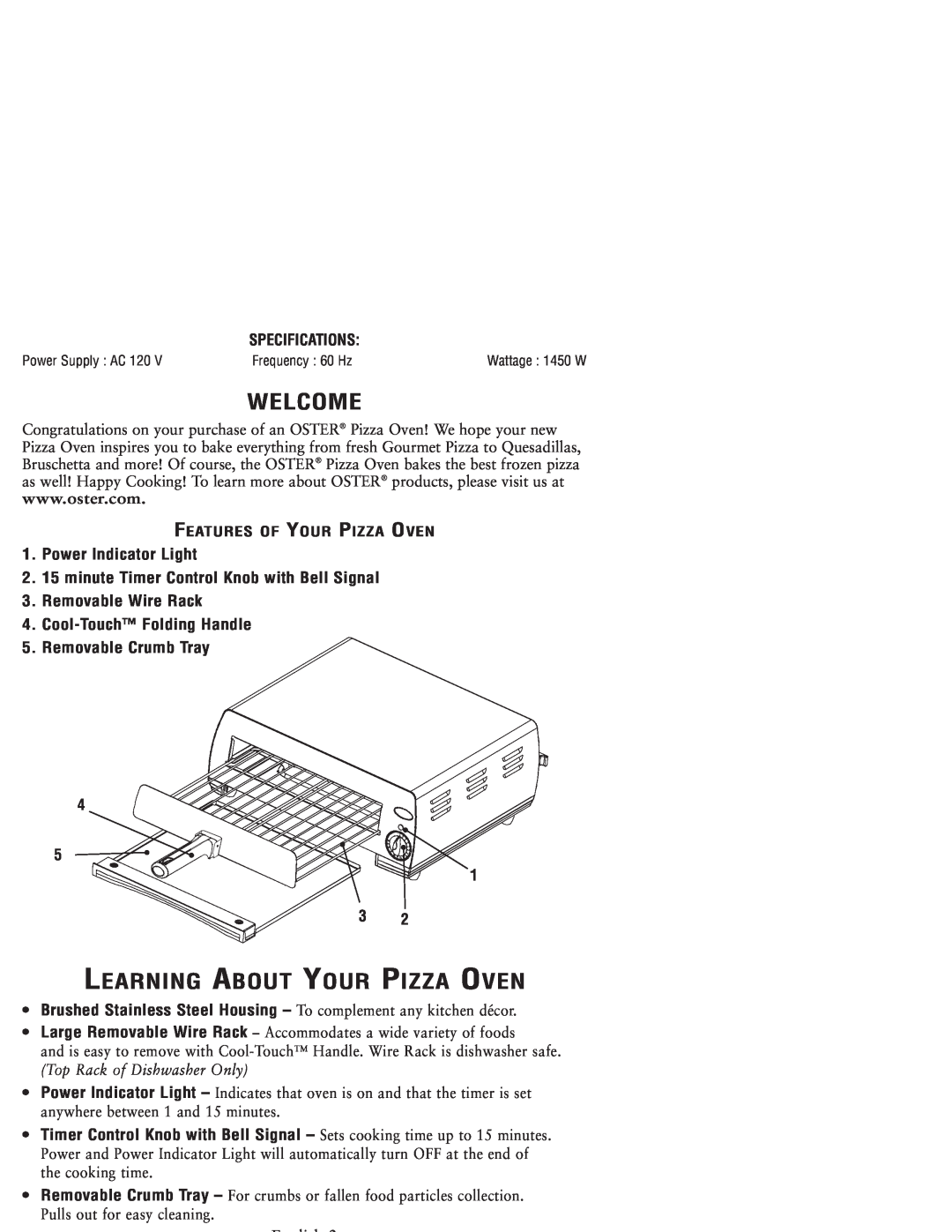 Sunbeam 3224 user manual Welcome, Learning About Your Pizza Oven, E li h 