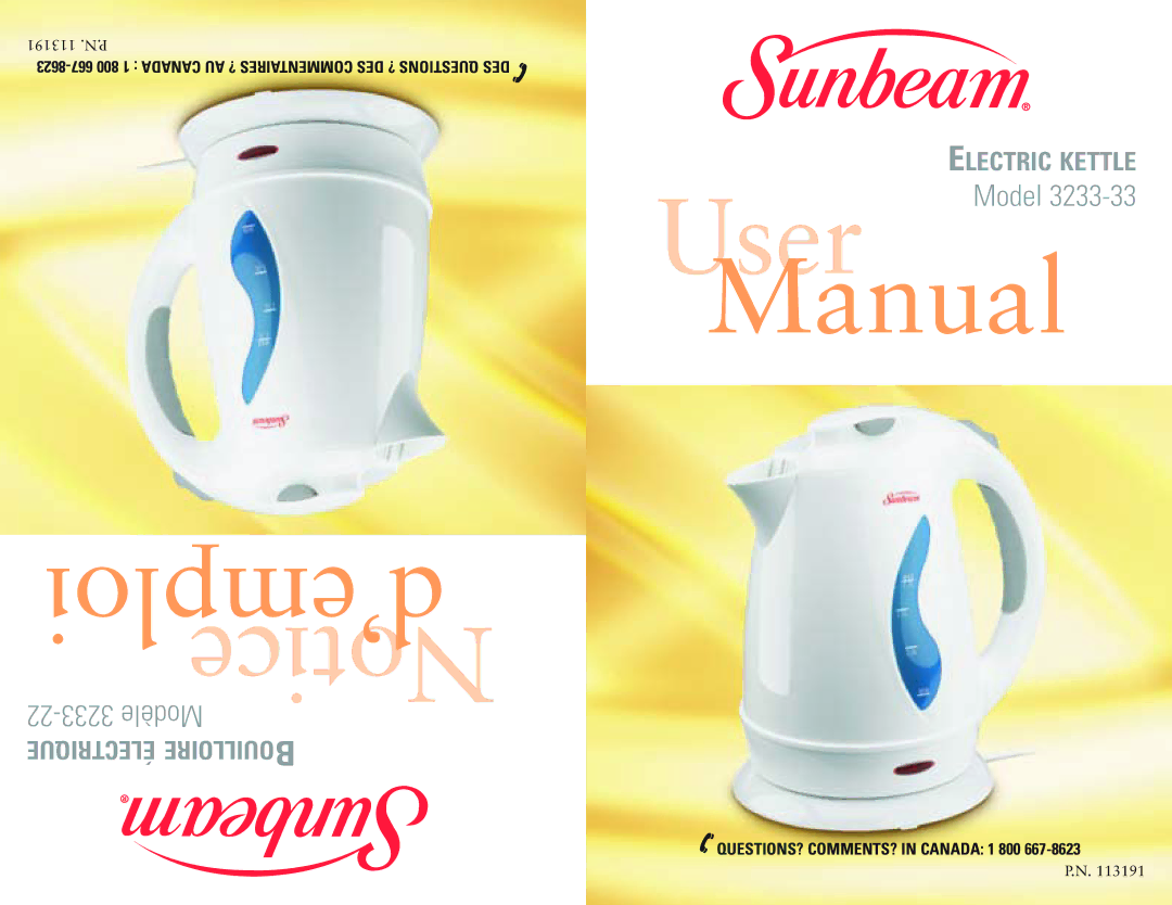 Sunbeam 3233-33, 3233-22 user manual User 