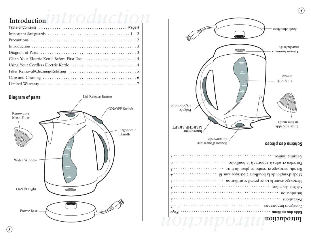 Sunbeam 3233-22, 3233-33 user manual Diagram of parts, Pièces des Schéma 