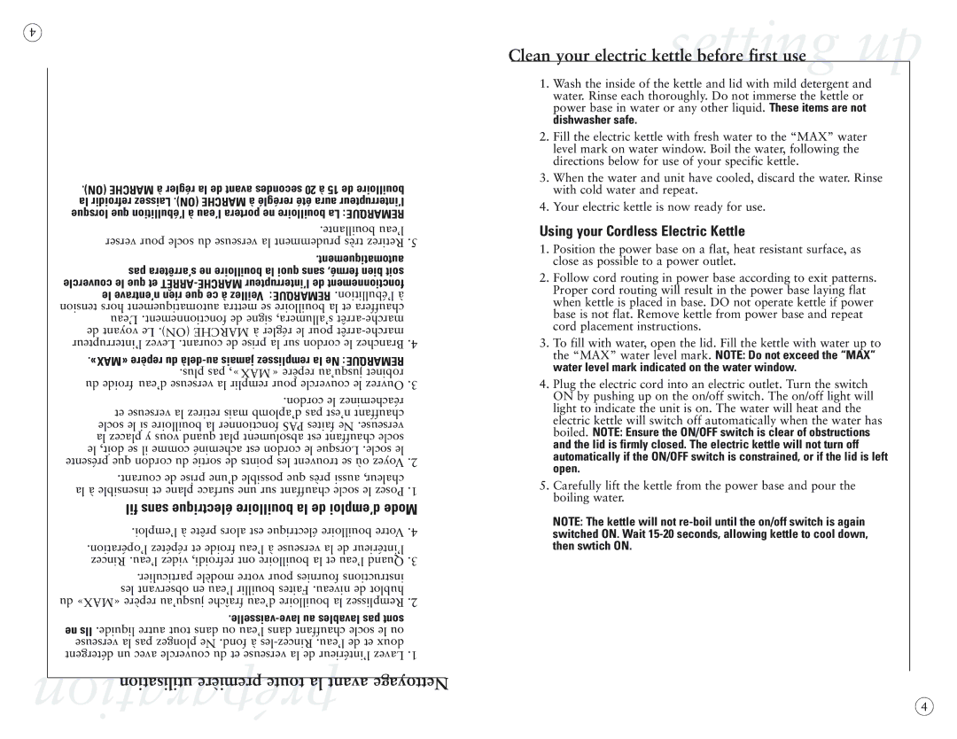 Sunbeam 3233-33, 3233-22 user manual Fil sans électrique bouilloire la de d’emploi Mode, Using your Cordless Electric Kettle 