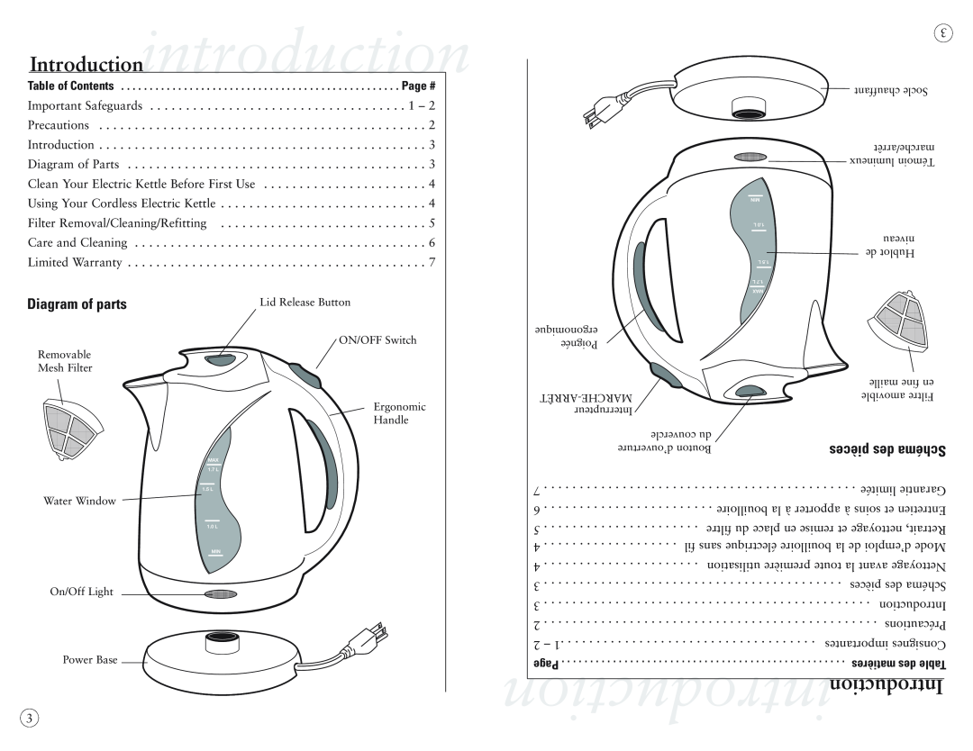Sunbeam 3233-22, 3233-33 user manual Introductionintroduction, Diagram of parts 