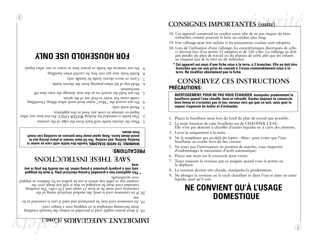 Sunbeam 3228-33, 3234-33 user manual Safety, Consignes IMPORTANTESsécuritésuite, Way 