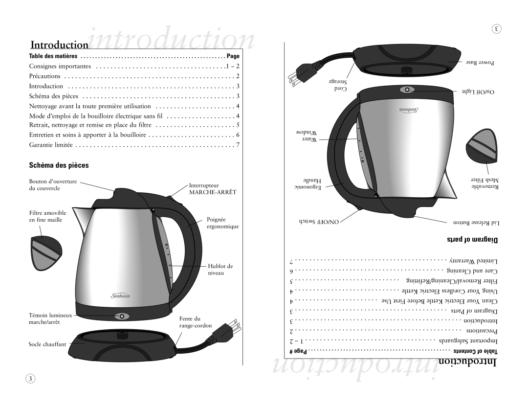 Sunbeam 3234-33, 3228-33 user manual Introduction, Parts of Diagram 