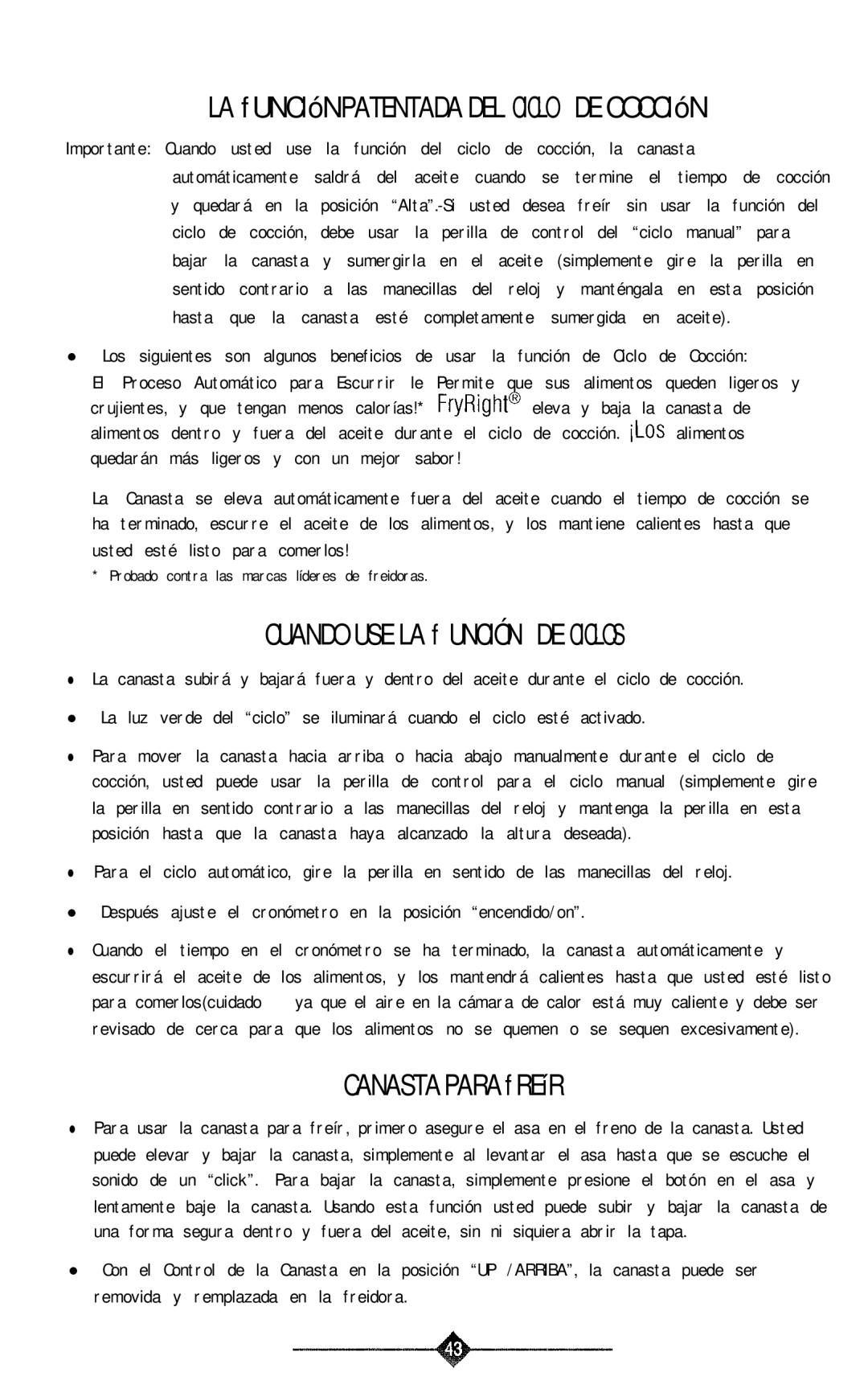 Sunbeam 3240, 3241 manual LA fUNClóNPATENTADA DEL Ciclo DE COCClóN, Cuando USE LA f Unción DE Ciclos, Canasta Para fREíR 