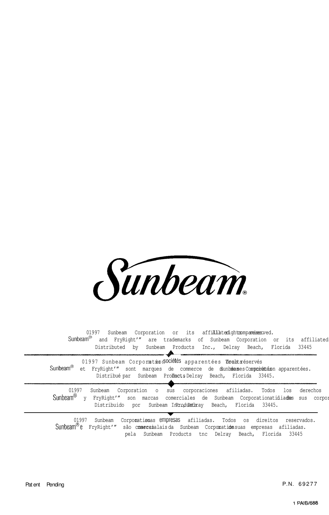 Sunbeam 3241, 3240 manual Patent Pending 