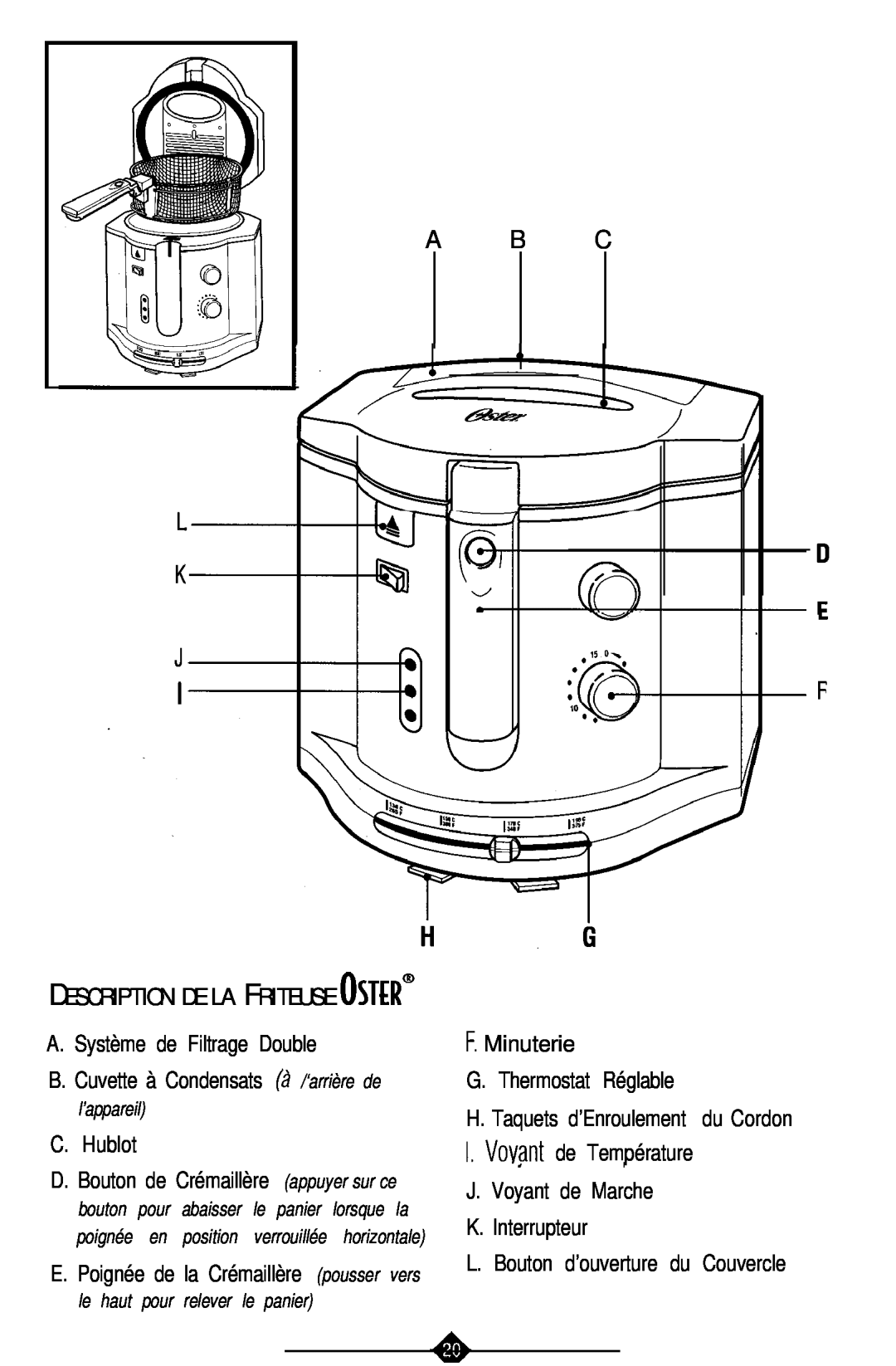 Sunbeam 3241, 3240 manual A B C, A. Système de Filtrage Double, C.Hublot, F.Minuterie G.Thermostat Réglable 
