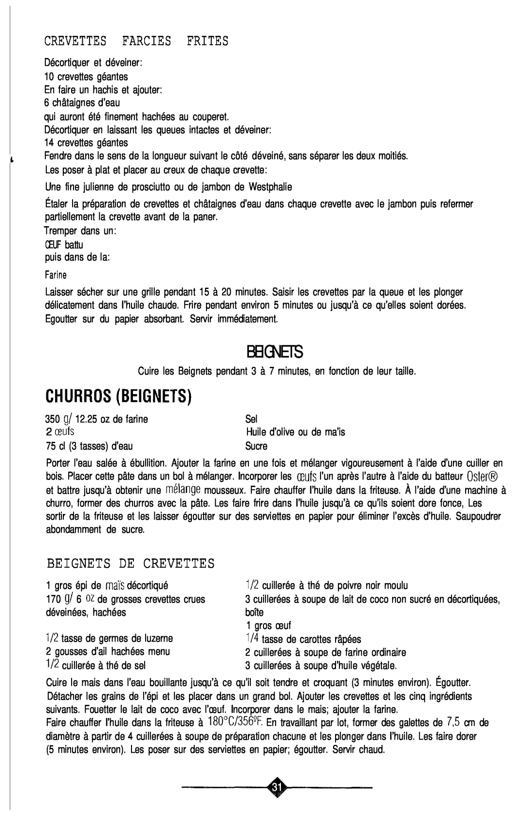 Sunbeam 3240, 3241 manual Crevettes Farcies Frites, Churrosbeignets, Beignets De Crevettes 