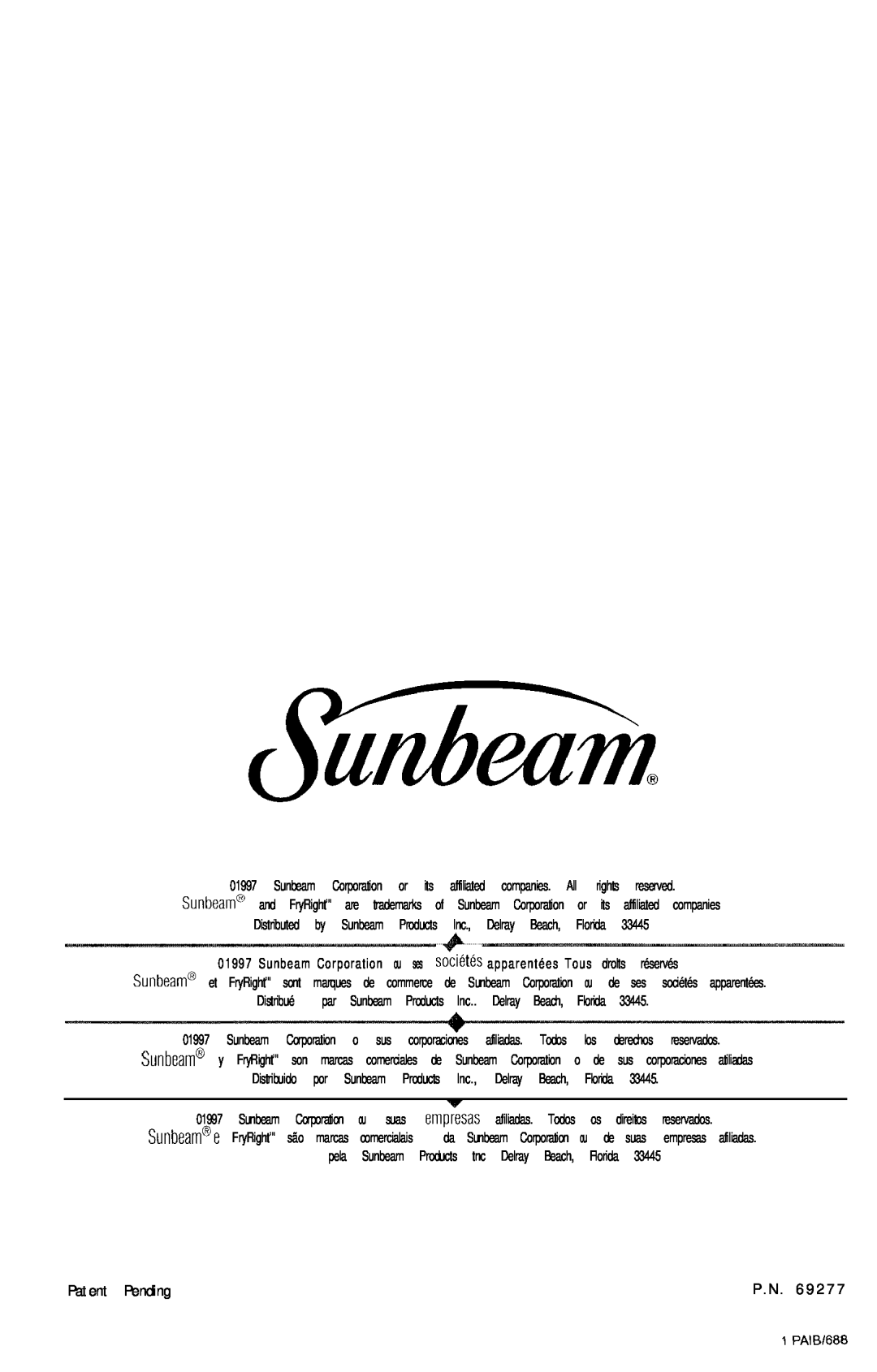 Sunbeam 3241, 3240 manual Patent Pending 