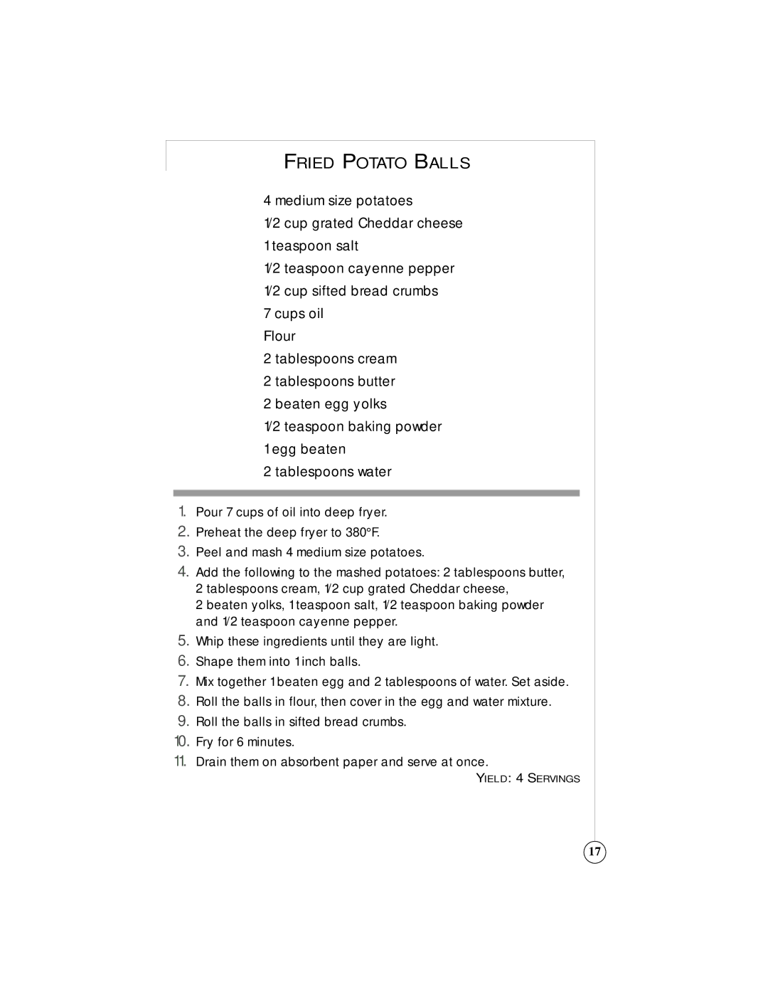 Sunbeam 3242, 3247 owner manual Fried Potato Balls 