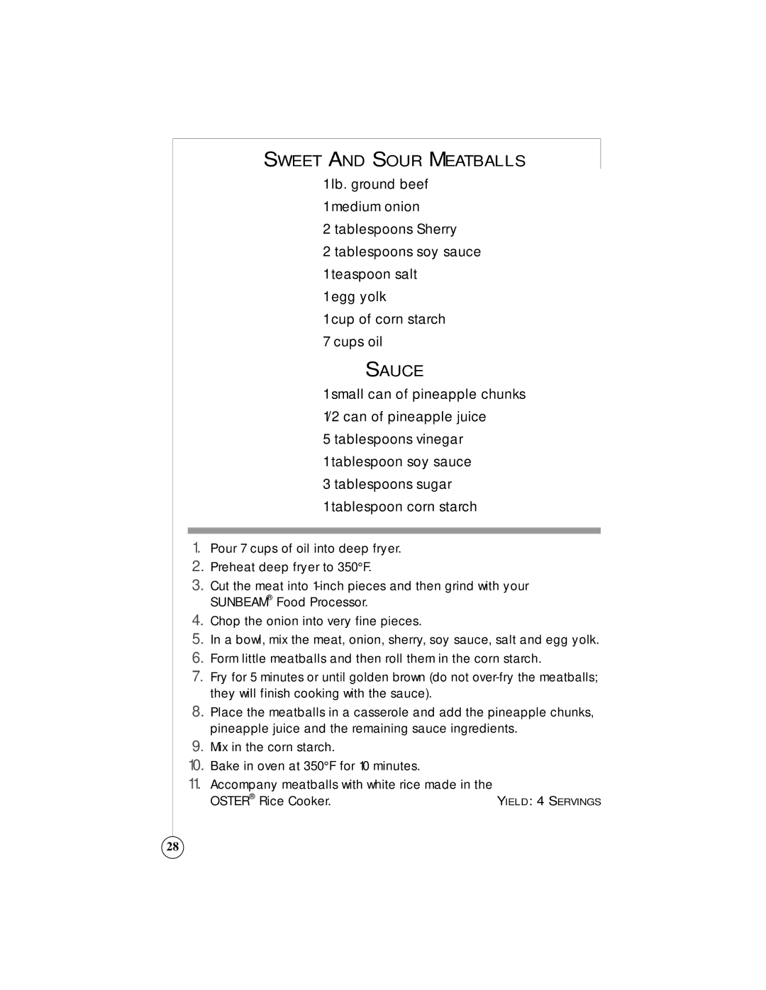 Sunbeam 3247, 3242 owner manual Sweet and Sour Meatballs, Sauce 