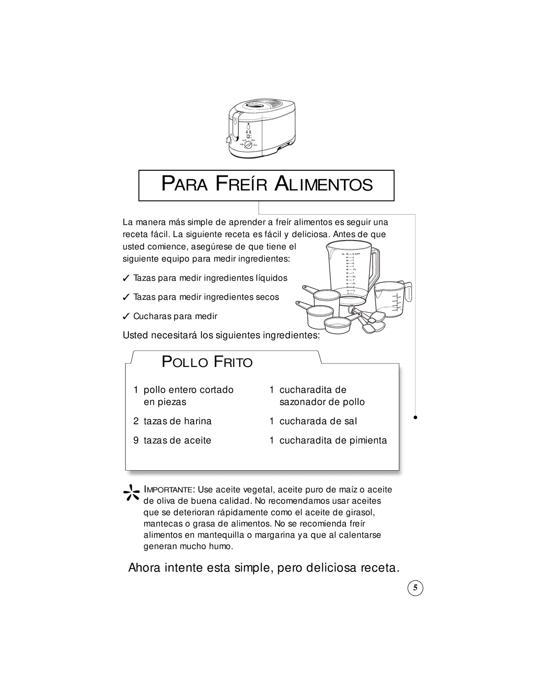 Sunbeam 3242, 3247 owner manual Para Freír Alimentos, Pollo Frito 