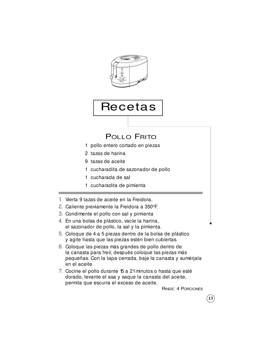 Sunbeam 3242, 3247 owner manual Recetas, Pollo Frito 