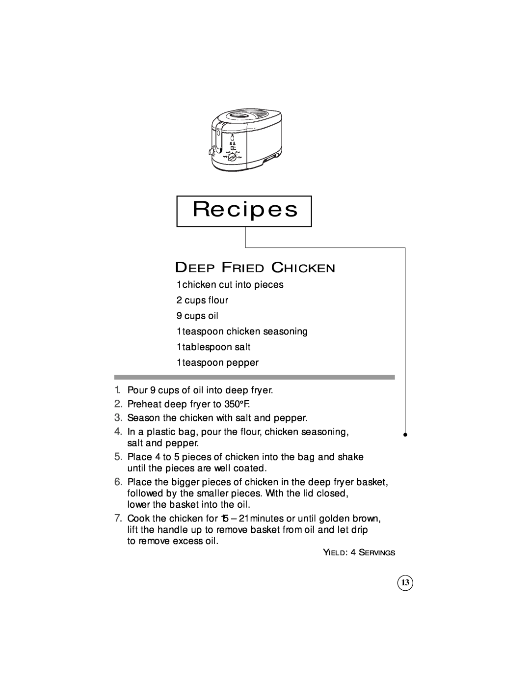 Sunbeam 3242, 3247 owner manual Recipes, Deep Fried Chicken 