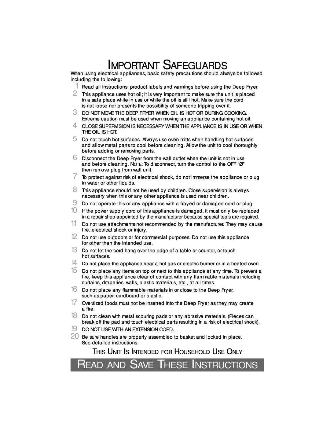 Sunbeam 3247 Important Safeguards, Read And Save These Instructions, 9 10, This Unit Is Intended For Household Use Only 