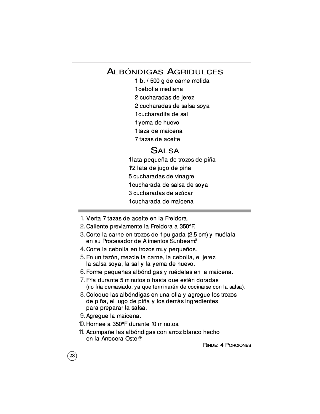 Sunbeam 3247, 3242 owner manual Albóndigas Agridulces, Salsa 