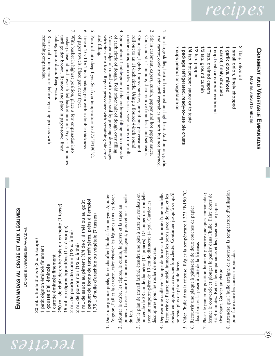 Sunbeam 3254-33, 3255-33 user manual Crabmeat and Vegetable Empanadas, Empanadas AU Crabe ET AUX Légumes 