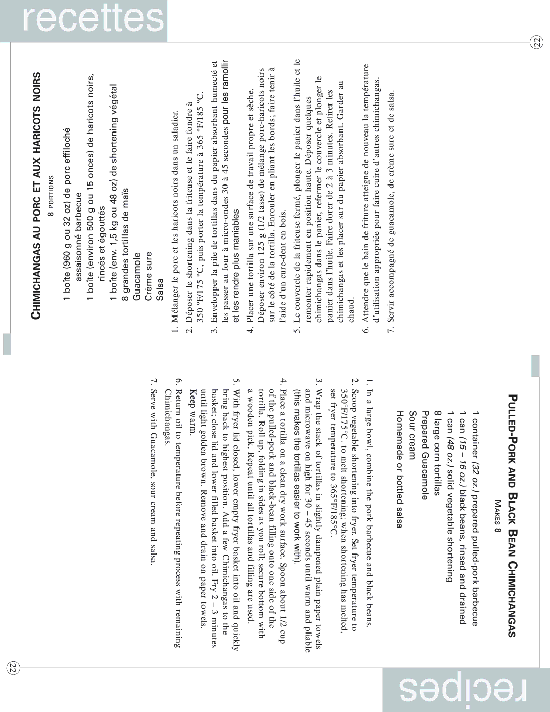 Sunbeam 3255-33, 3254-33 user manual Chimichangas AU Porc ET AUX Haricots Noirs, Pulled -PORK and Black Bean Chimichangas 