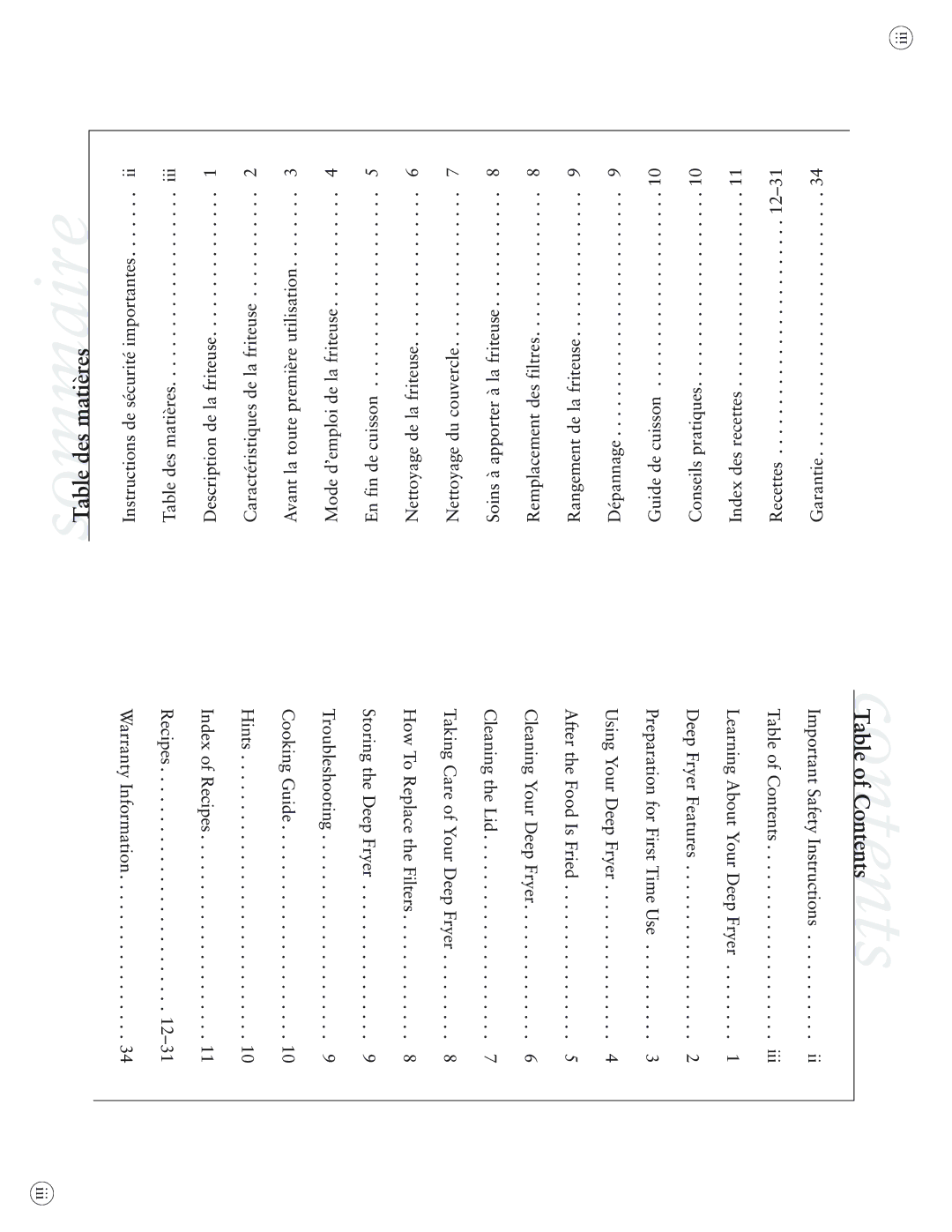 Sunbeam 3255-33, 3254-33 user manual SommaireTable des matières, Table of Contentscontents 