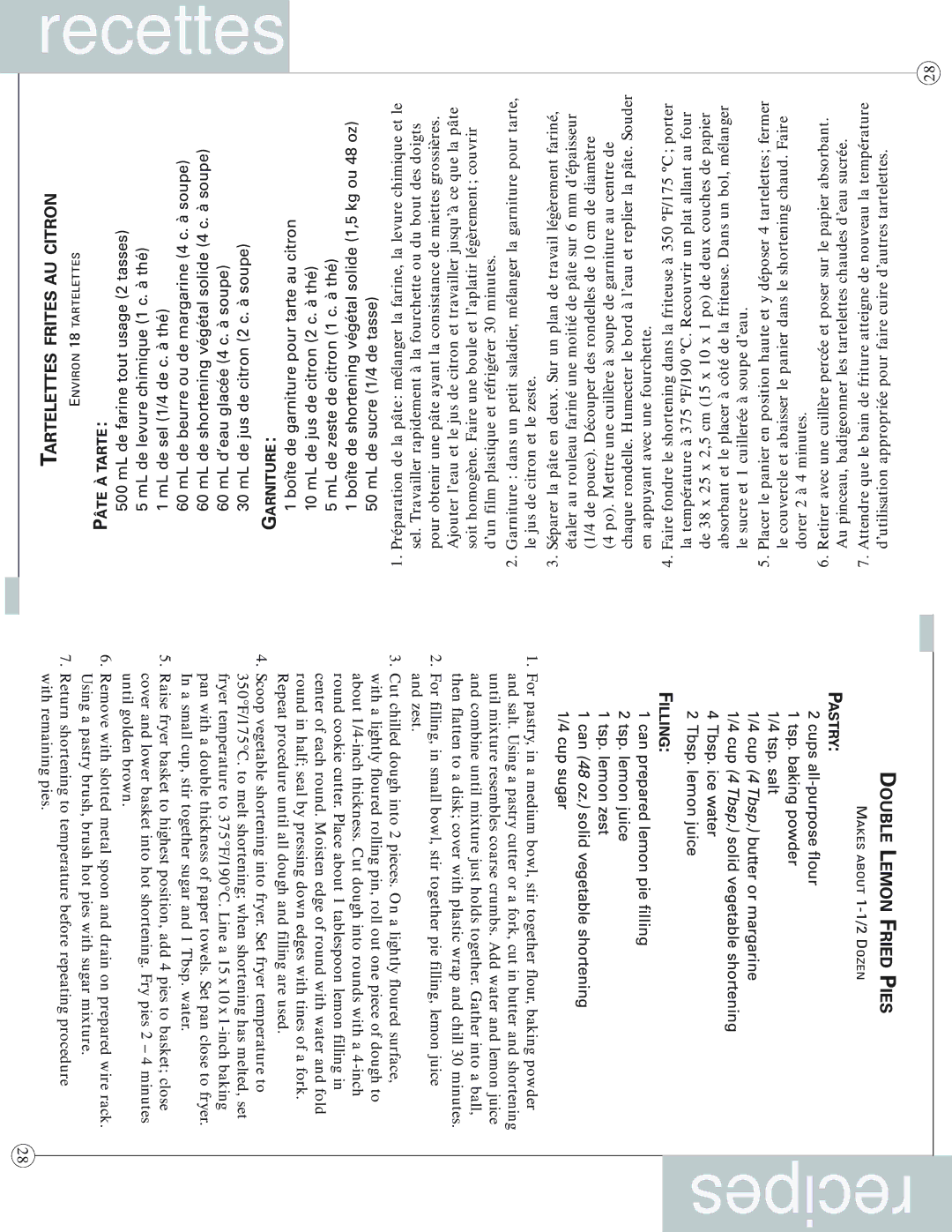Sunbeam 3255-33, 3254-33 user manual Tartelettes Frites AU Citron, Double Lemon Fried Pies 