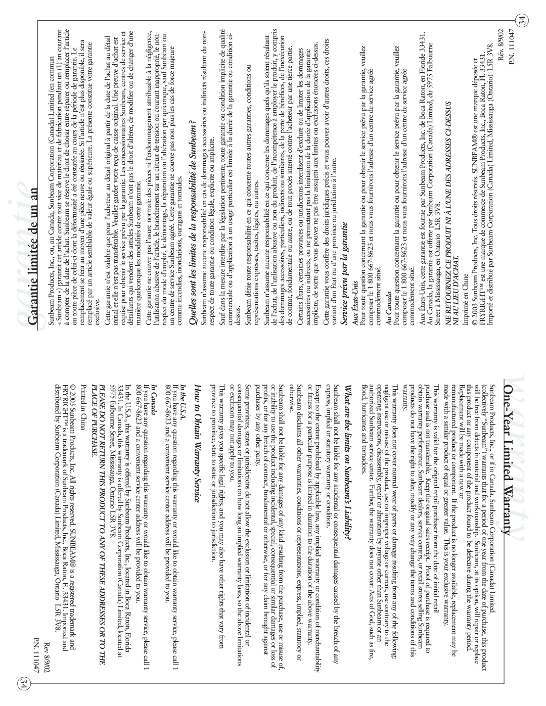 Sunbeam 3255-33, 3254-33 user manual GarantieGarantie limitée de un an, One-Year Limited Warrantywarranty 