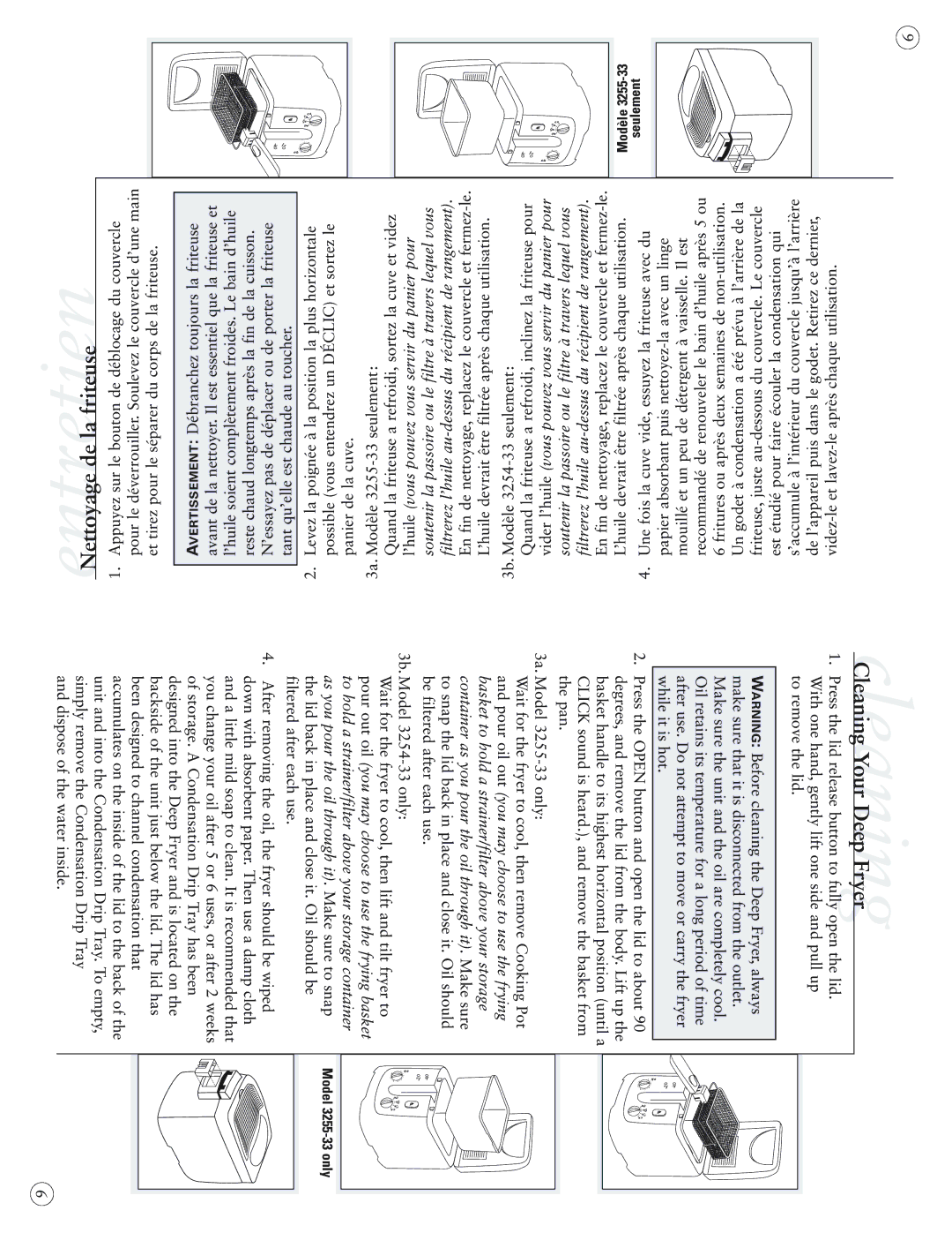 Sunbeam 3255-33, 3254-33 user manual EntretienNettoyage de la friteuse 