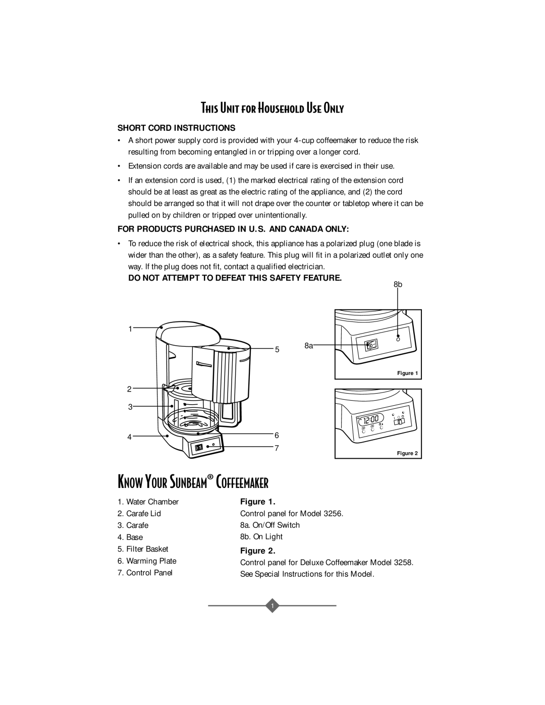 Sunbeam 3256, 3258, 3257 manual This Unit for Household Use Only, Know Your SUNBEAM¨ Coffeemaker 