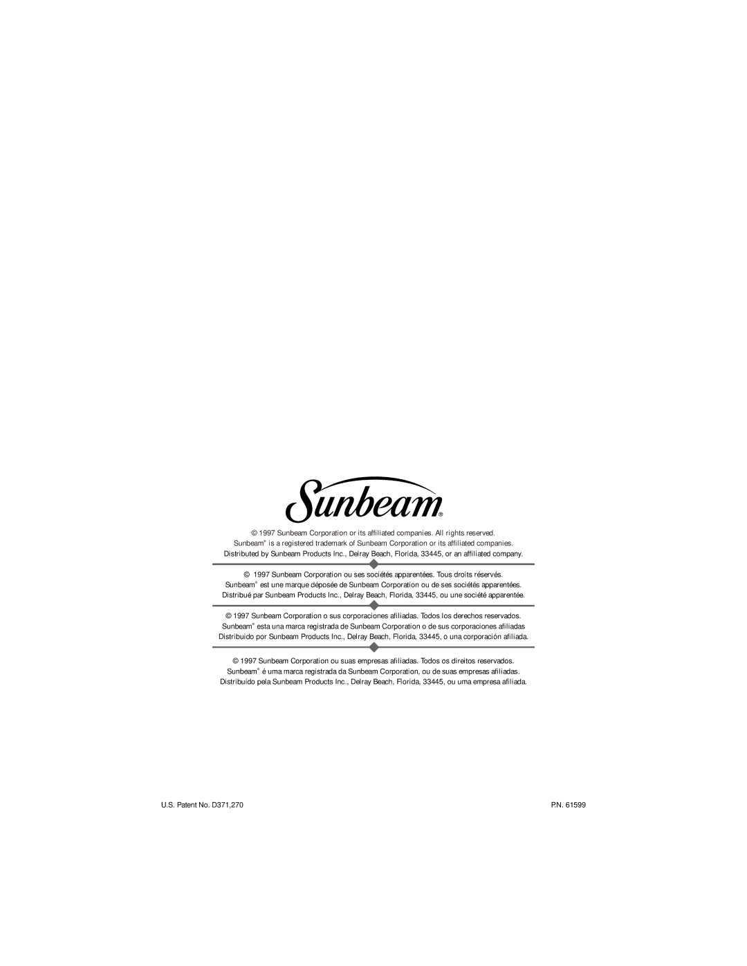 Sunbeam 3256, 3258, 3257 manual Patent No. D371,270 