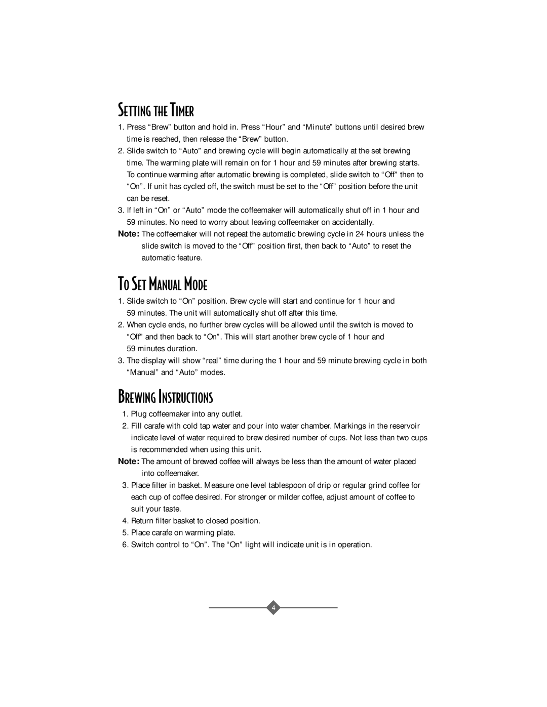 Sunbeam 3256, 3258, 3257 manual Setting the Timer, To SET Manual Mode, Brewing Instructions 