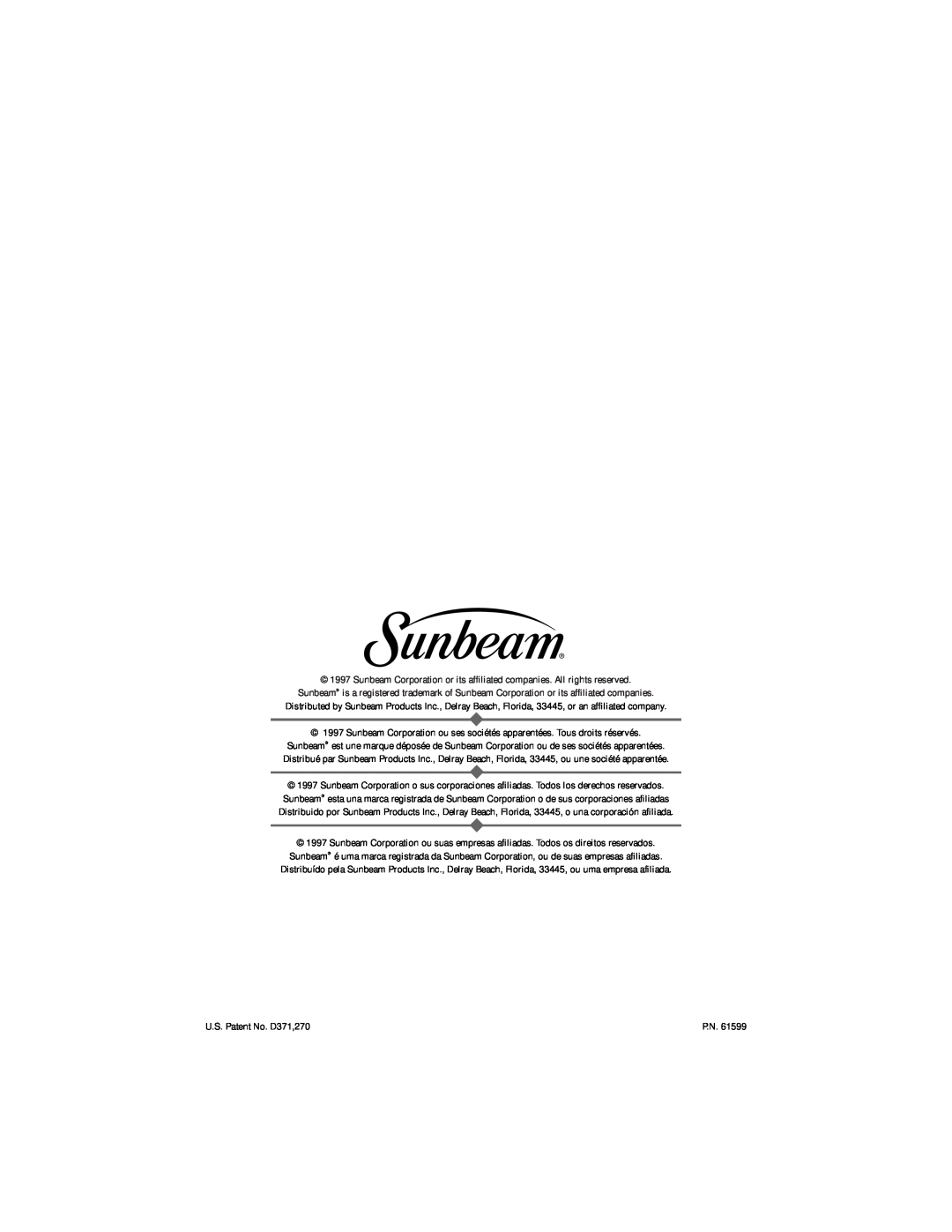 Sunbeam 3256, 3258, 3257 manual U.S. Patent No. D371,270 