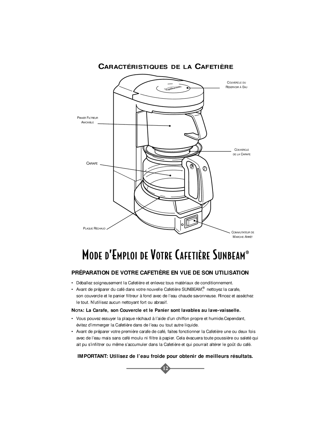 Sunbeam 3278, 3279 Caractéristiques DE LA Cafetière, Préparation DE Votre Cafetière EN VUE DE SON Utilisation 