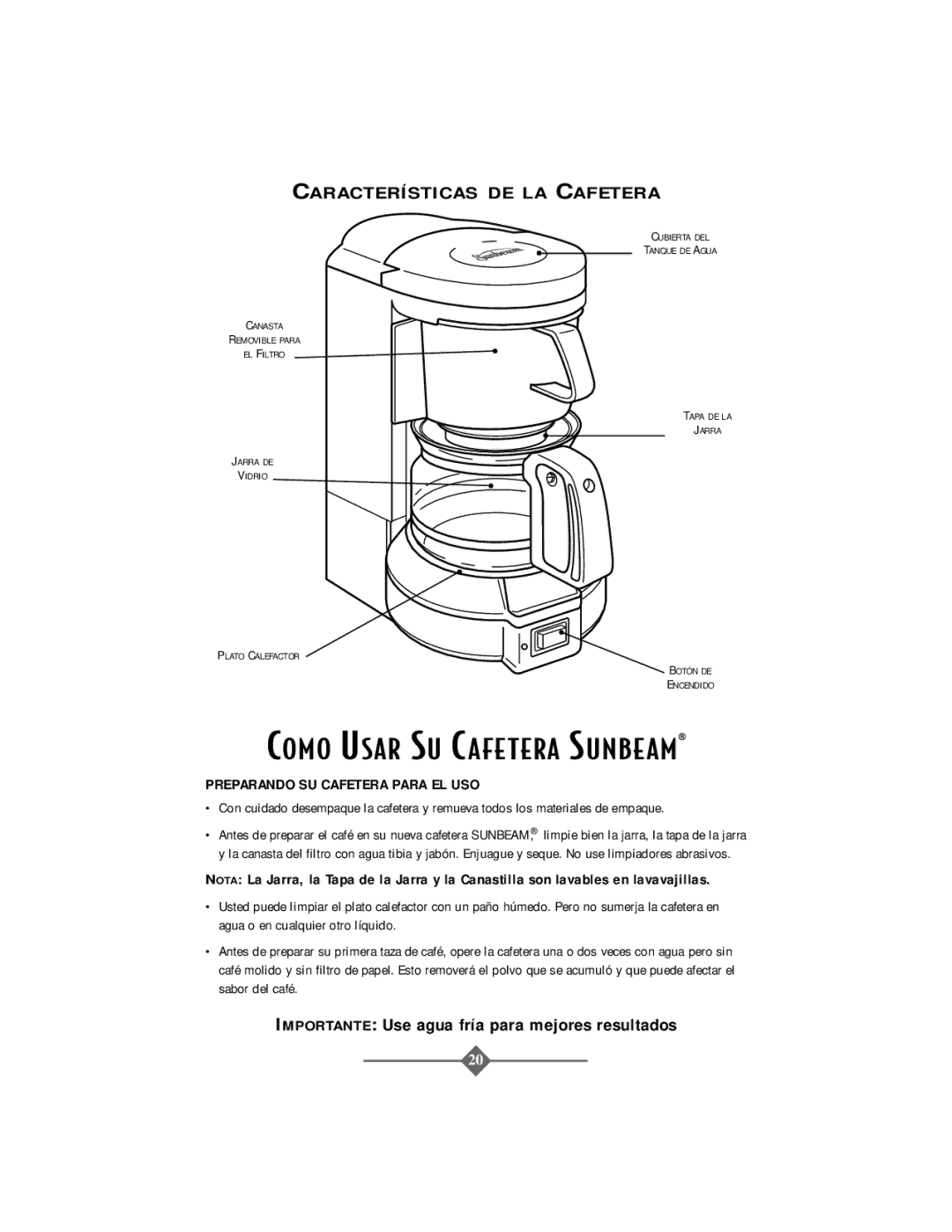 Sunbeam 3278, 3279 Como Usar SU Cafe Tera Sunbe AM, Características DE LA Cafetera, Preparando SU Cafetera Para EL USO 