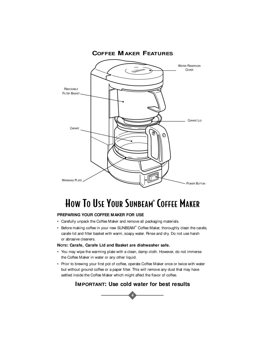 Sunbeam 3278, 3279 HOW to USE Your Sunbeam Coffee Maker, Coffee Maker Features, Preparing Your Coffee Maker for USE 