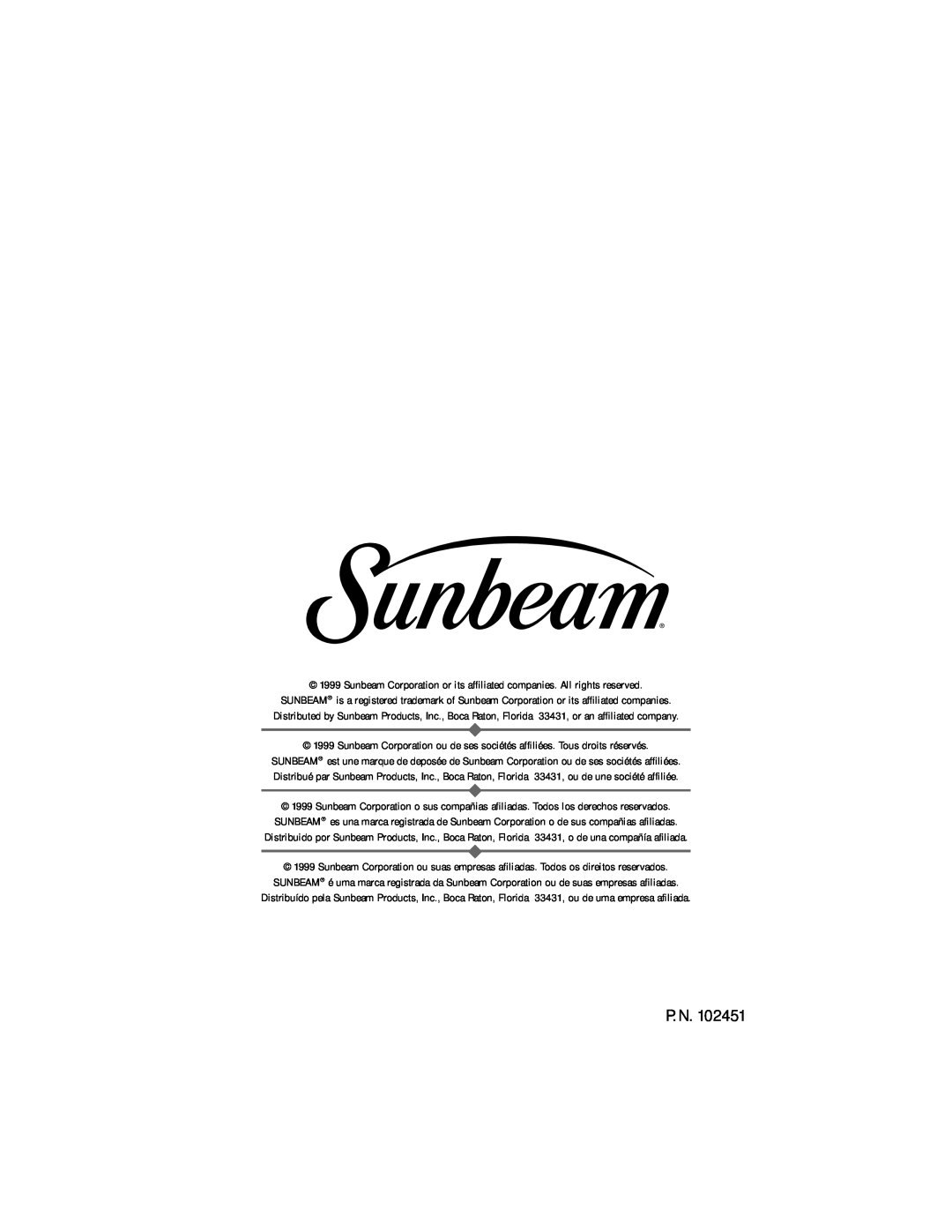 Sunbeam 3278, 3279 instruction manual P. N 